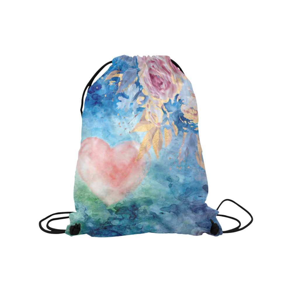 Heart and Flowers - Pink and Blue Medium Drawstring Bag Model 1604 (Twin Sides) 13.8"(W) * 18.1"(H)