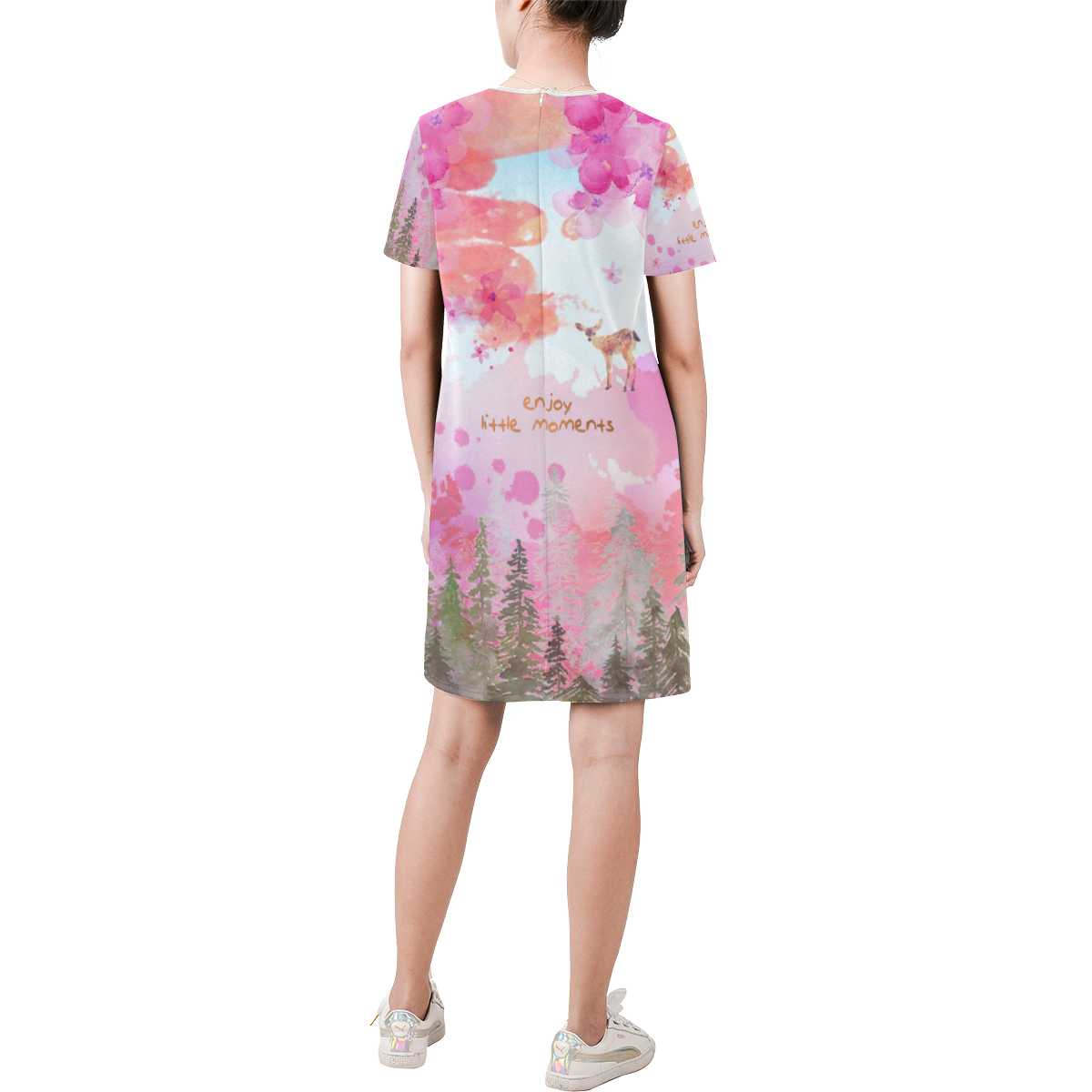 Little Deer in the Magic Pink Forest Short-Sleeve Round Neck A-Line Dress (Model D47)