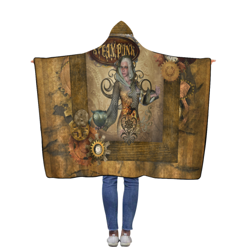 Steampunk lady with owl Flannel Hooded Blanket 50''x60''