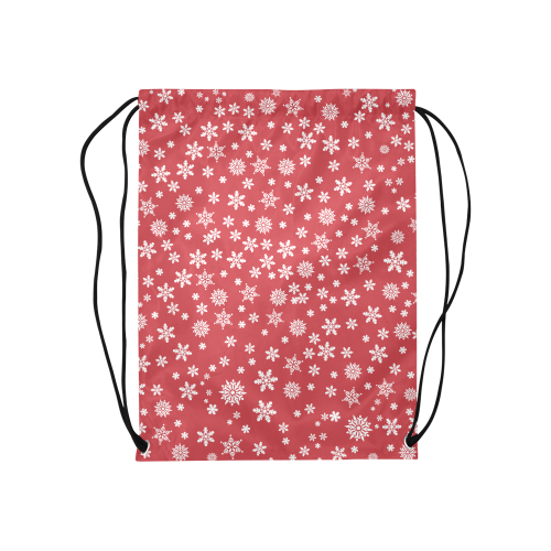 Christmas  White Snowflakes on Red Medium Drawstring Bag Model 1604 (Twin Sides) 13.8"(W) * 18.1"(H)