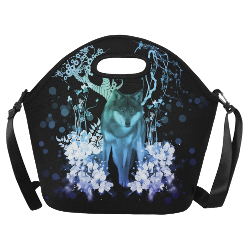Awesome wolf with flowers Neoprene Lunch Bag/Large (Model 1669)