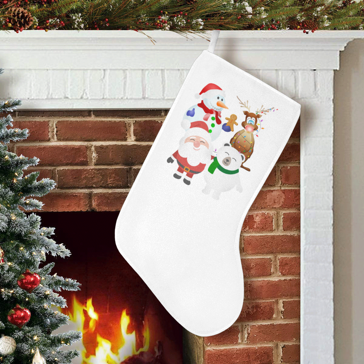 Christmas Gingerbread, Snowman, Santa Claus White Christmas Stocking (Without Folded Top)