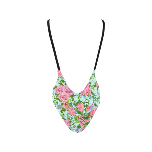 Pink flower pattern Sexy Low Back One-Piece Swimsuit (Model S09)