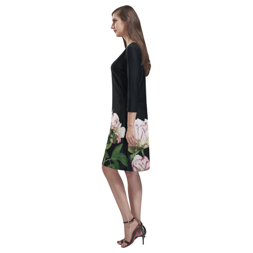 VUR peony on black Rhea Loose Round Neck Dress(Model D22)