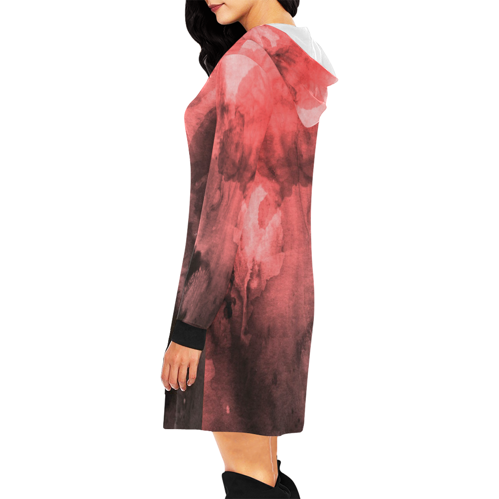Red and Black Watercolour All Over Print Hoodie Mini Dress (Model H27)