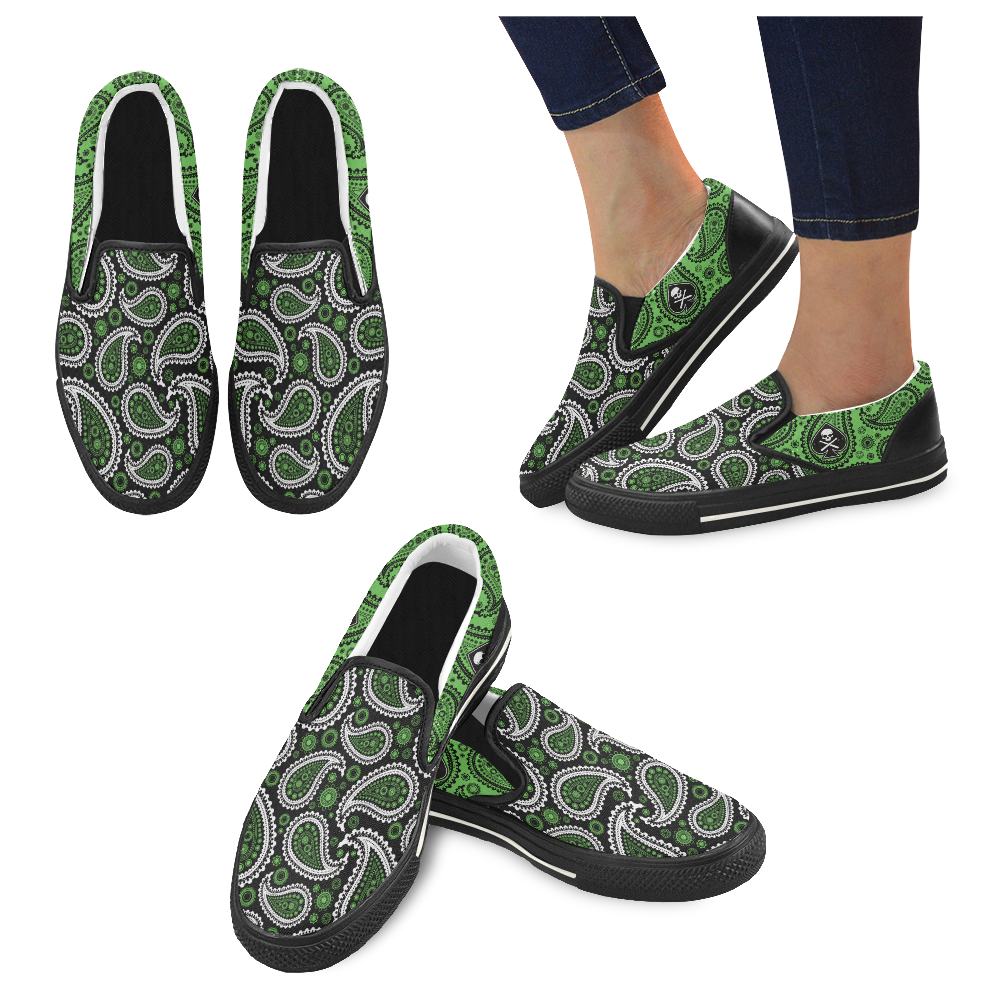 LADIES_PAISLEY_LIME_BLK Women's Unusual Slip-on Canvas Shoes (Model 019)
