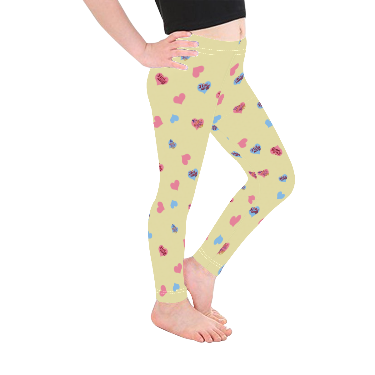Pink-Blue Hearts-Wild Thing-Hot Stuff on Yellow Kid's Ankle Length Leggings (Model L06)