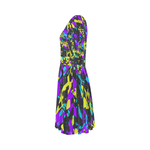Purple yelllow squares Elbow Sleeve Ice Skater Dress (D20)