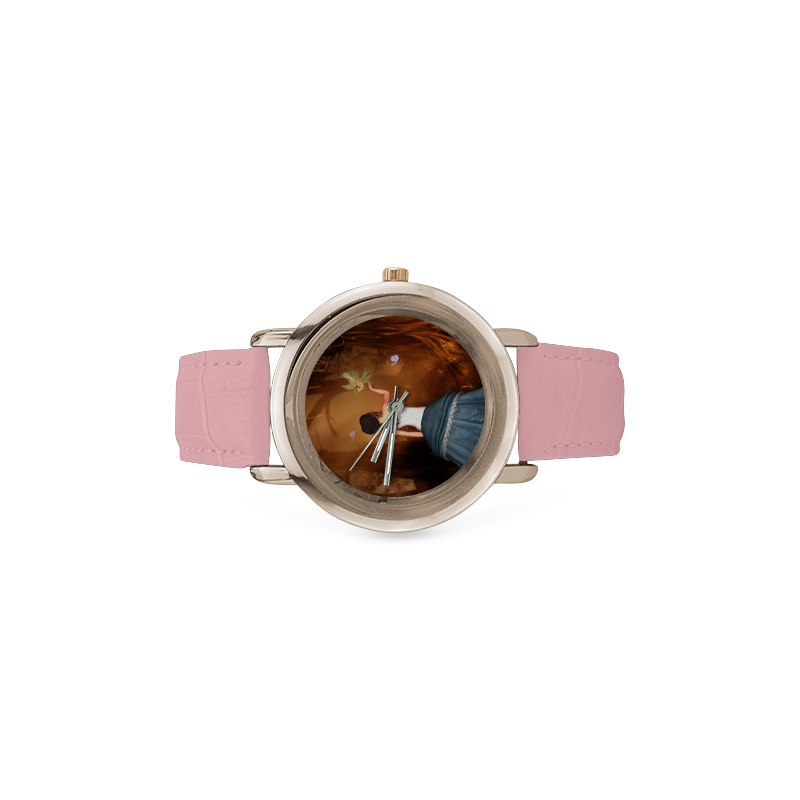 Fairy with fantasy bird Women's Rose Gold Leather Strap Watch(Model 201)