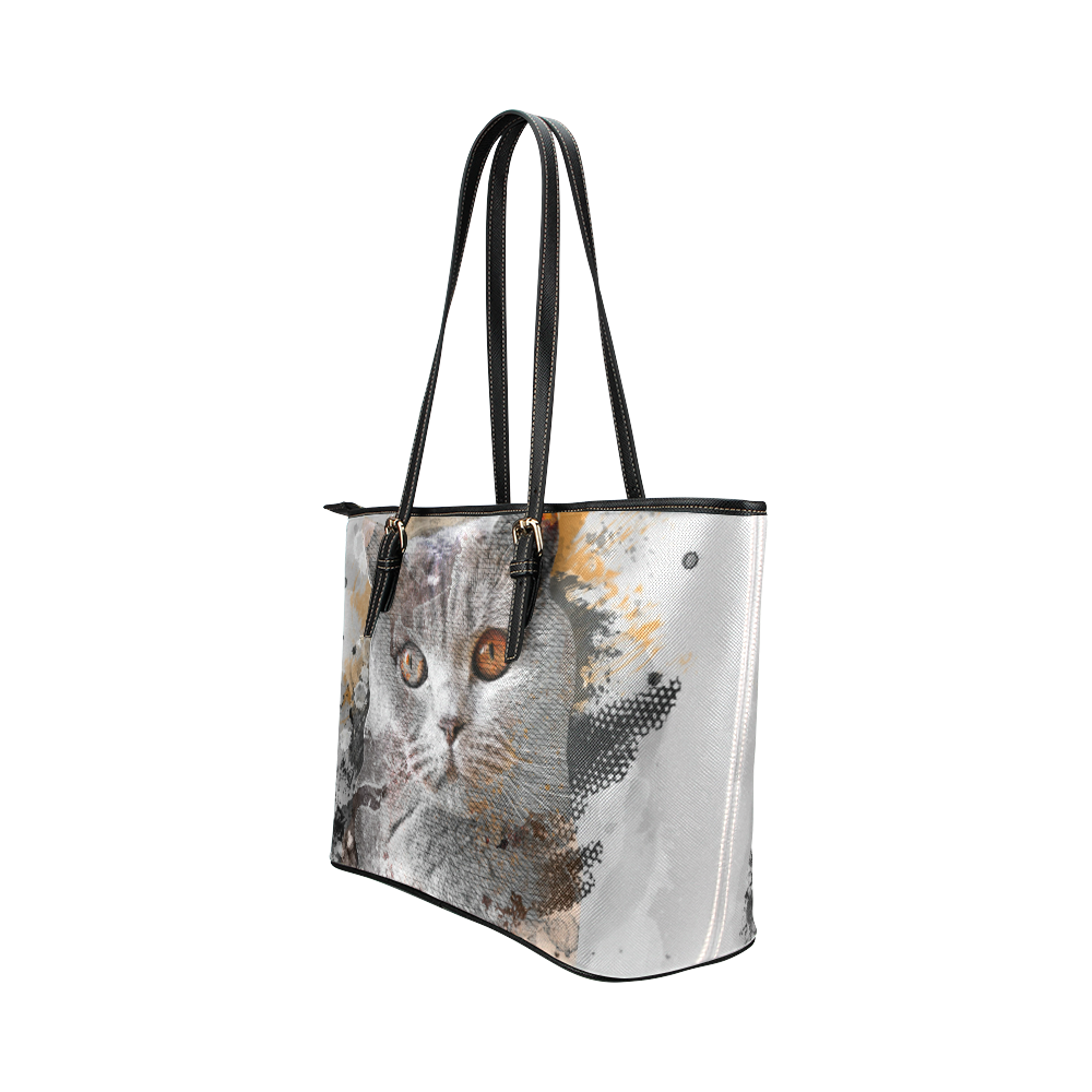 cat kitty art #cat #kitty Leather Tote Bag/Small (Model 1651)