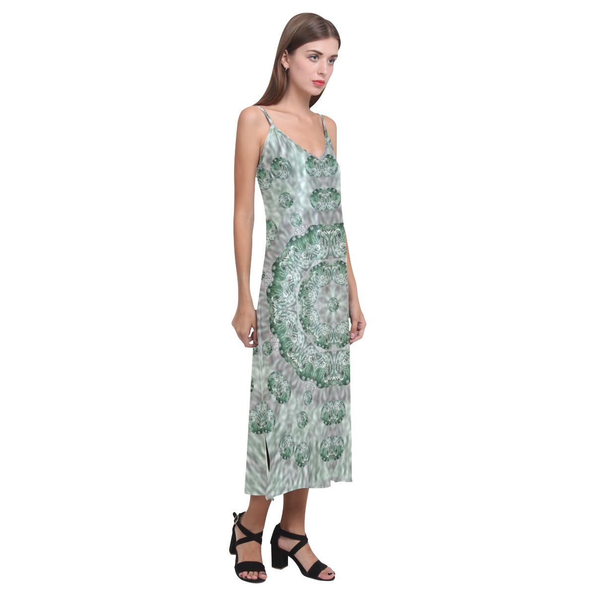 wonderful dots and festive elegant glamorous look V-Neck Open Fork Long Dress(Model D18)