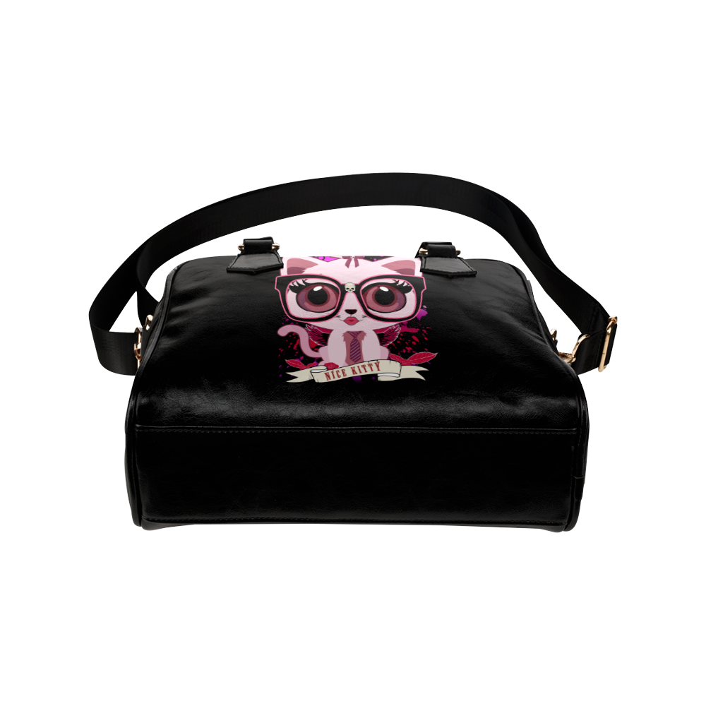 Nice Kitty - Black & PInk Shoulder Handbag (Model 1634)