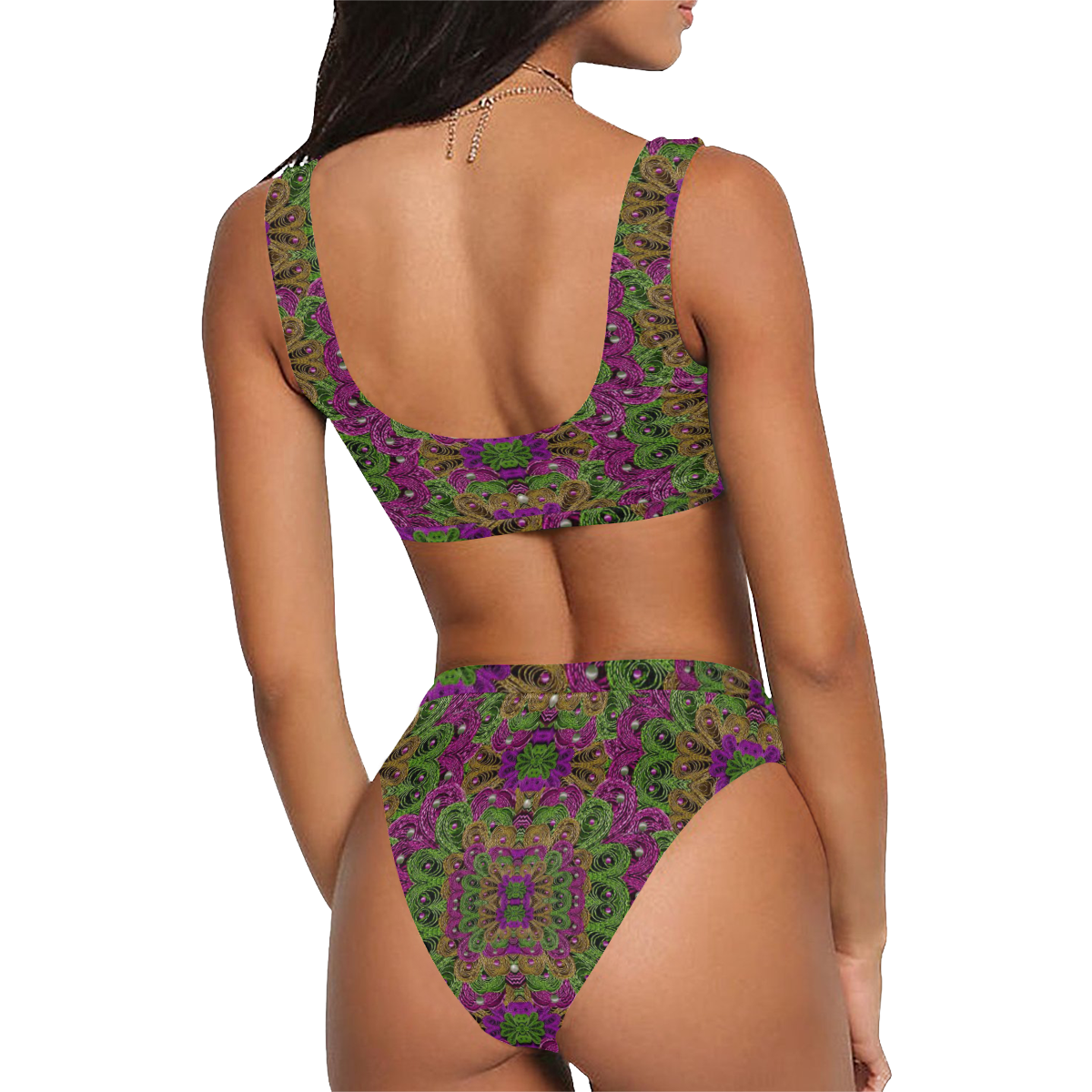 Peacock lace in the nature Sport Top & High-Waisted Bikini Swimsuit (Model S07)