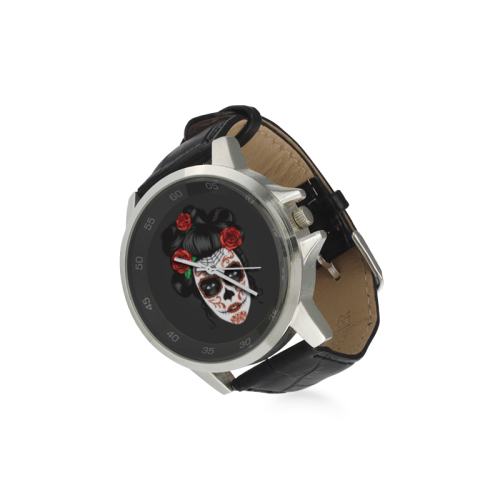 Tatto Girl Day of the Dead Unisex Stainless Steel Leather Strap Watch(Model 202)