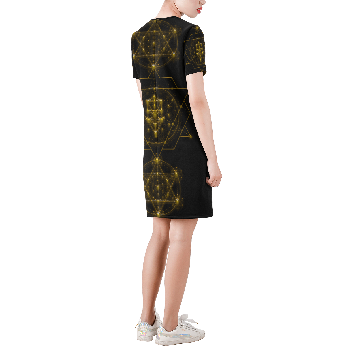 Sacred Geometry Short-Sleeve Round Neck A-Line Dress (Model D47)