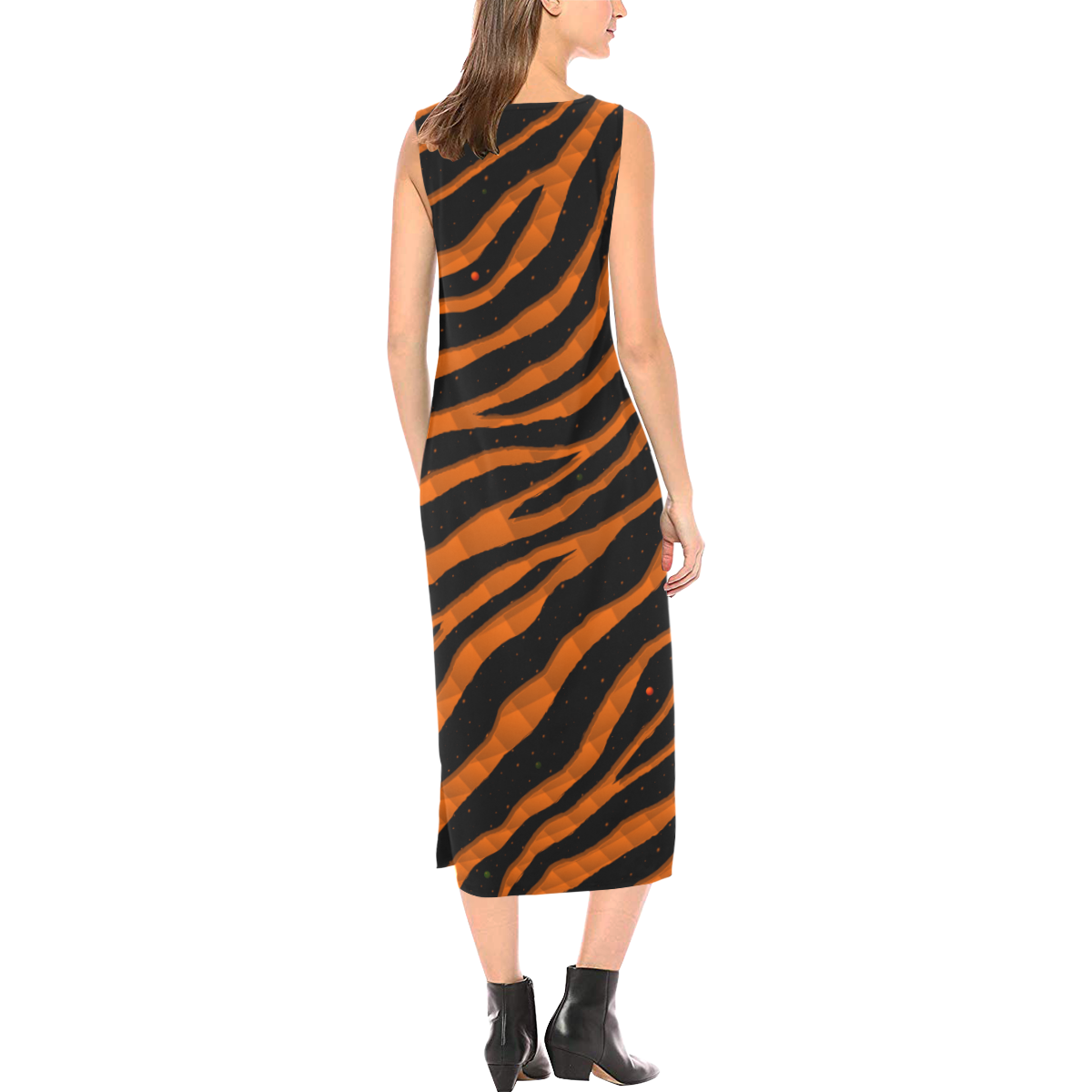 Ripped SpaceTime Stripes - Orange Phaedra Sleeveless Open Fork Long Dress (Model D08)