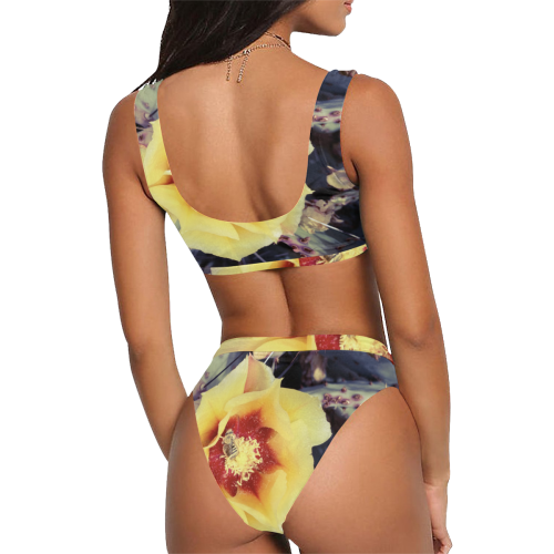 Cactus Flower 2Pc Swim Sport Top & High-Waisted Bikini Swimsuit (Model S07)