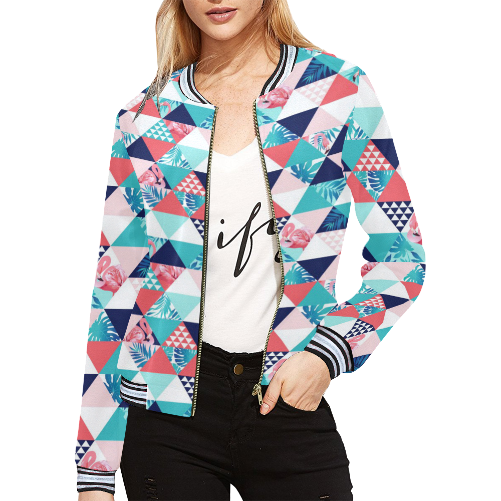 Flamingo Triangle Pattern All Over Print Bomber Jacket for Women (Model H21)