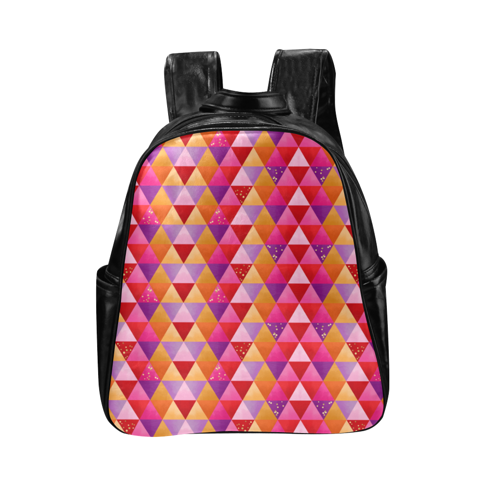 Triangle Pattern - Red Purple Pink Orange Yellow Multi-Pockets Backpack (Model 1636)