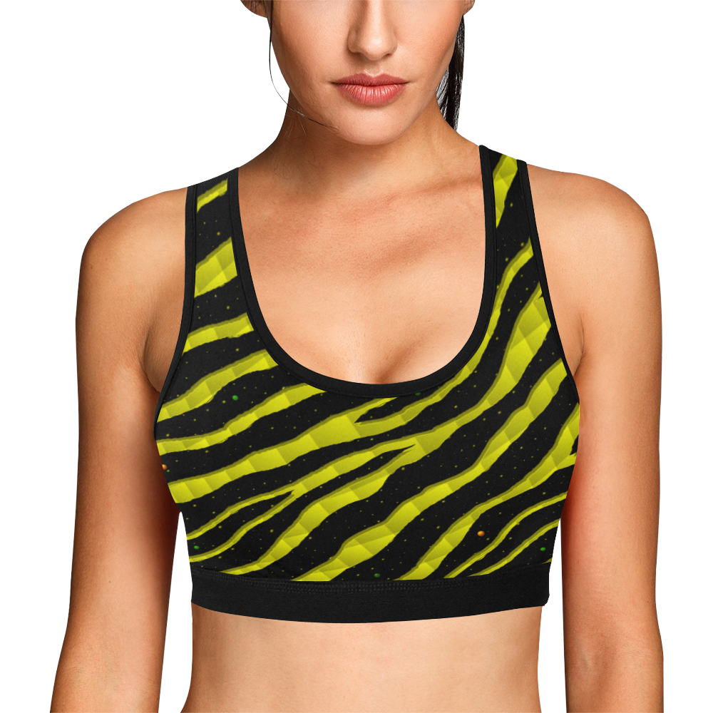 Ripped SpaceTime Stripes - Yellow Women's All Over Print Sports Bra (Model T52)
