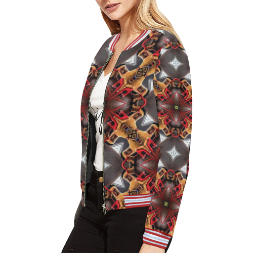 Burgundy Grey w/Gold Square Pattern All Over Print Bomber Jacket for Women (Model H21)