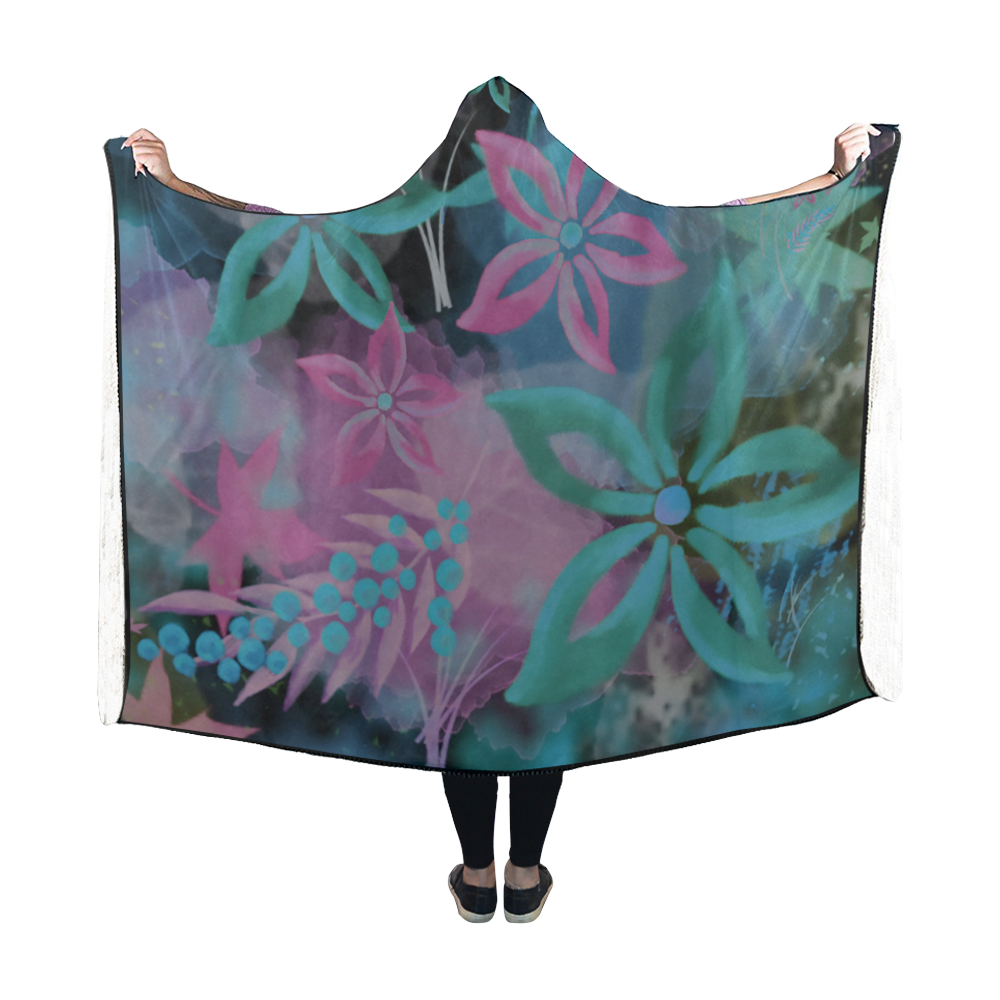 Flower Pattern - black, teal green, purple, pink Hooded Blanket 60''x50''