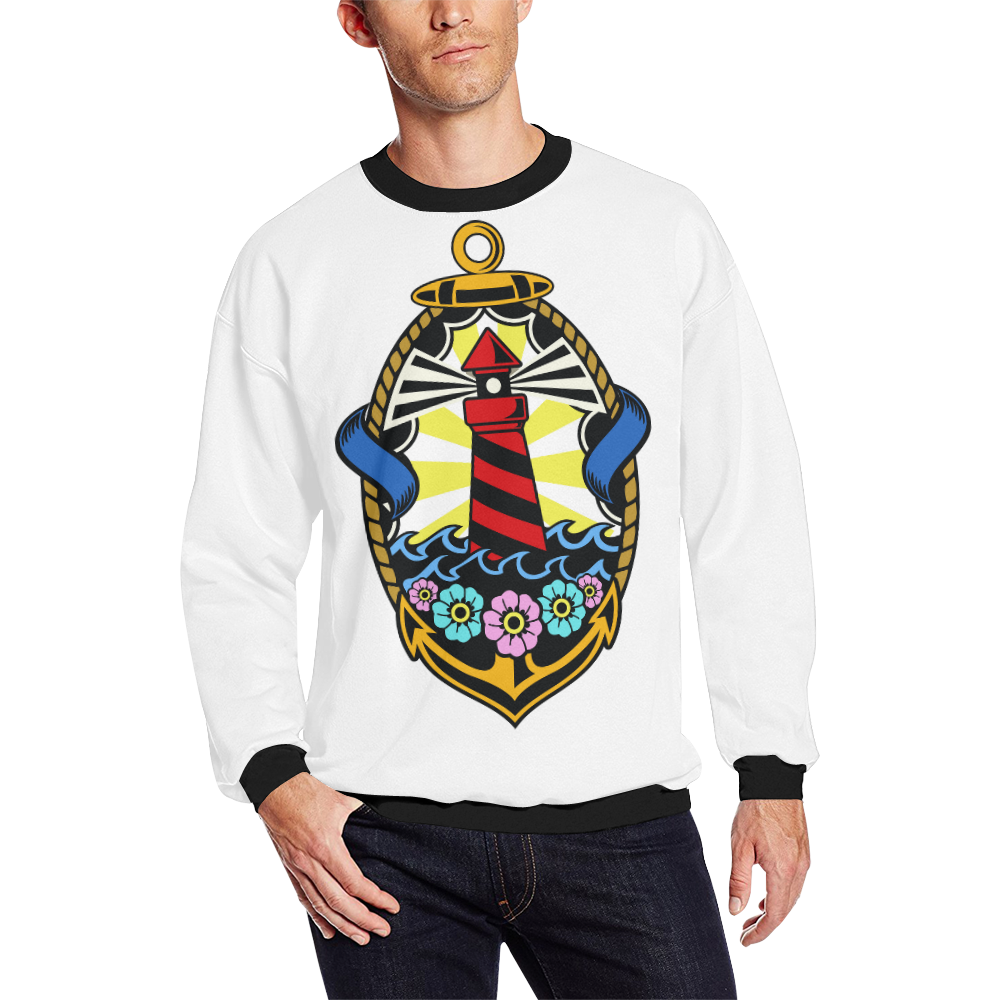Lighthouse Modern White Men's Oversized Fleece Crew Sweatshirt (Model H18)