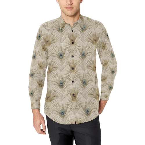 Linen Peacock Feathers Animal Print Men's All Over Print Casual Dress Shirt (Model T61)