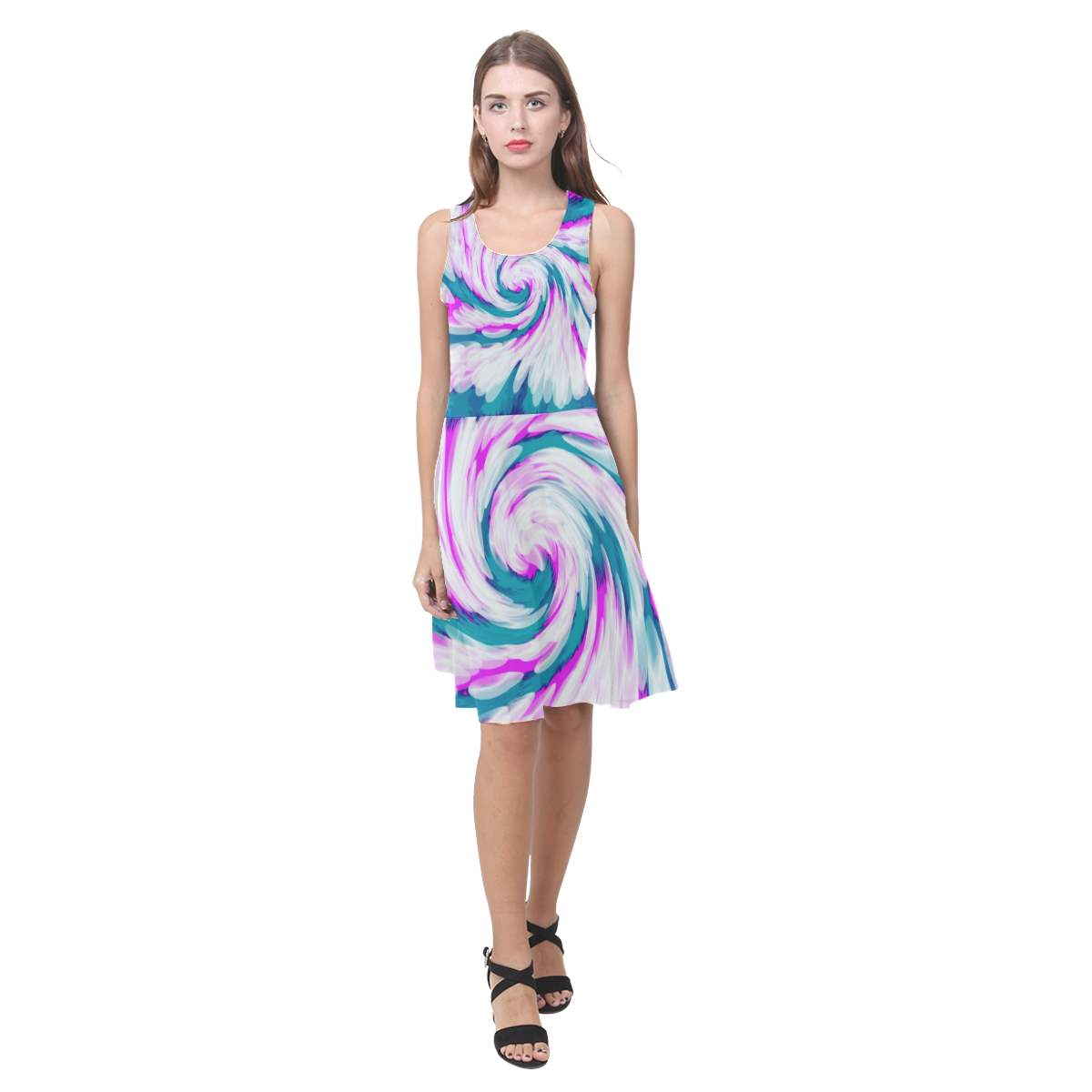 Turquoise Pink Tie Dye Swirl Abstract Atalanta Casual Sundress(Model D04)