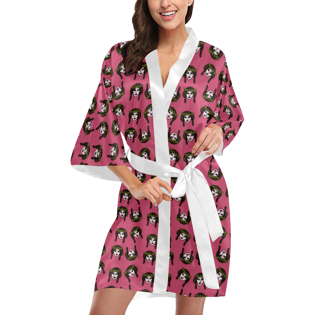 retro girl daisy chain pattern pink Kimono Robe