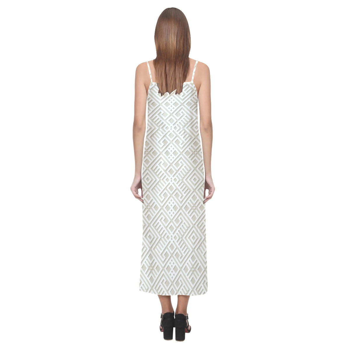 White 3D Geometric Pattern V-Neck Open Fork Long Dress(Model D18)