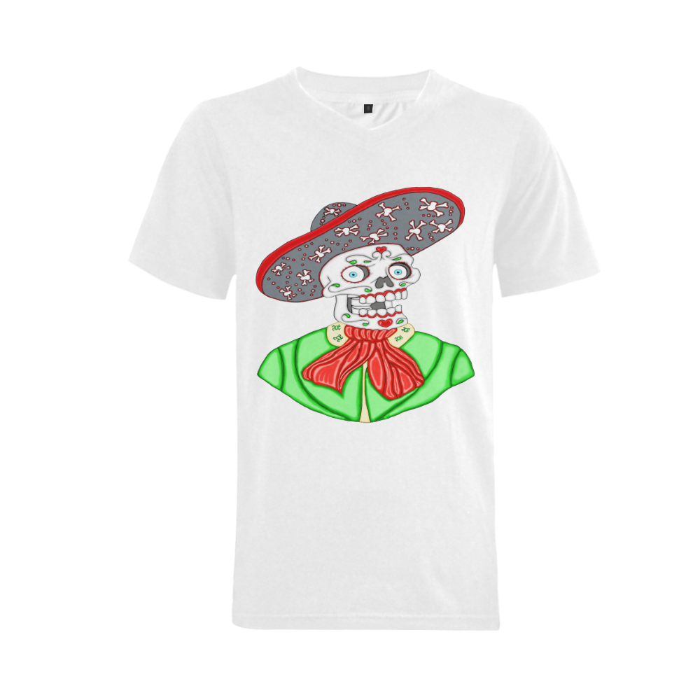 Mariachi Sugar Skull White Men's V-Neck T-shirt  Big Size(USA Size) (Model T10)