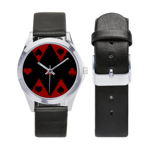 Las Vegas Black Red Play Card Shapes Unisex Silver-Tone Round Leather Watch (Model 216)