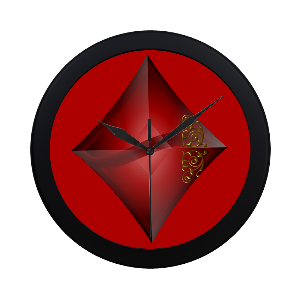 Diamond  Las Vegas Symbol Playing Card Shape (Red/Black Frame) Circular Plastic Wall clock