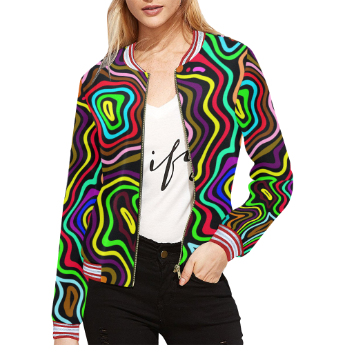 Multicolored Wavy Line Pattern All Over Print Bomber Jacket for Women (Model H21)
