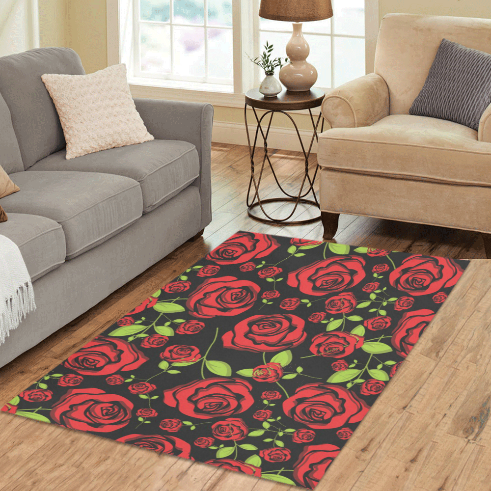 Red Roses on Black Area Rug 5'3''x4'