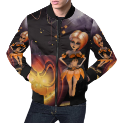 Halloween, girl with pumpkin All Over Print Bomber Jacket for Men/Large Size (Model H19)