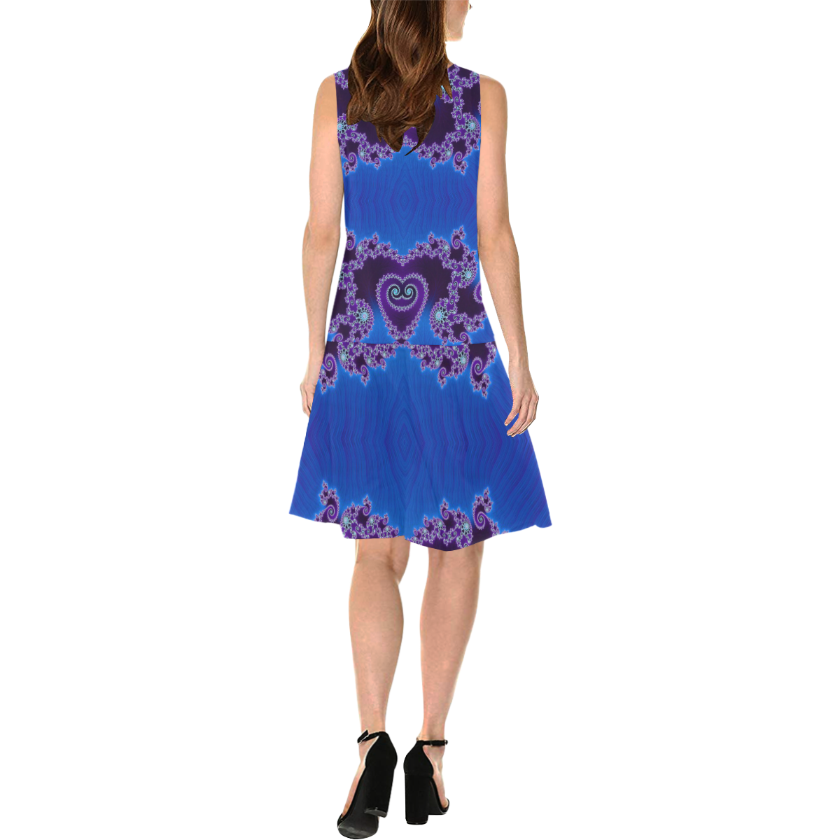 Blue Hearts and Lace Fractal Abstract 2 Sleeveless Splicing Shift Dress(Model D17)