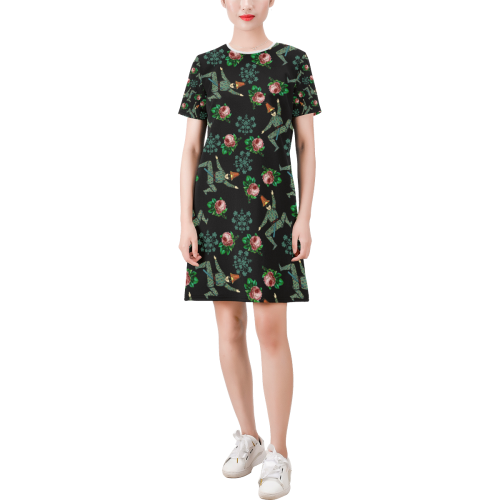 vintage jester floral pattern Short-Sleeve Round Neck A-Line Dress (Model D47)