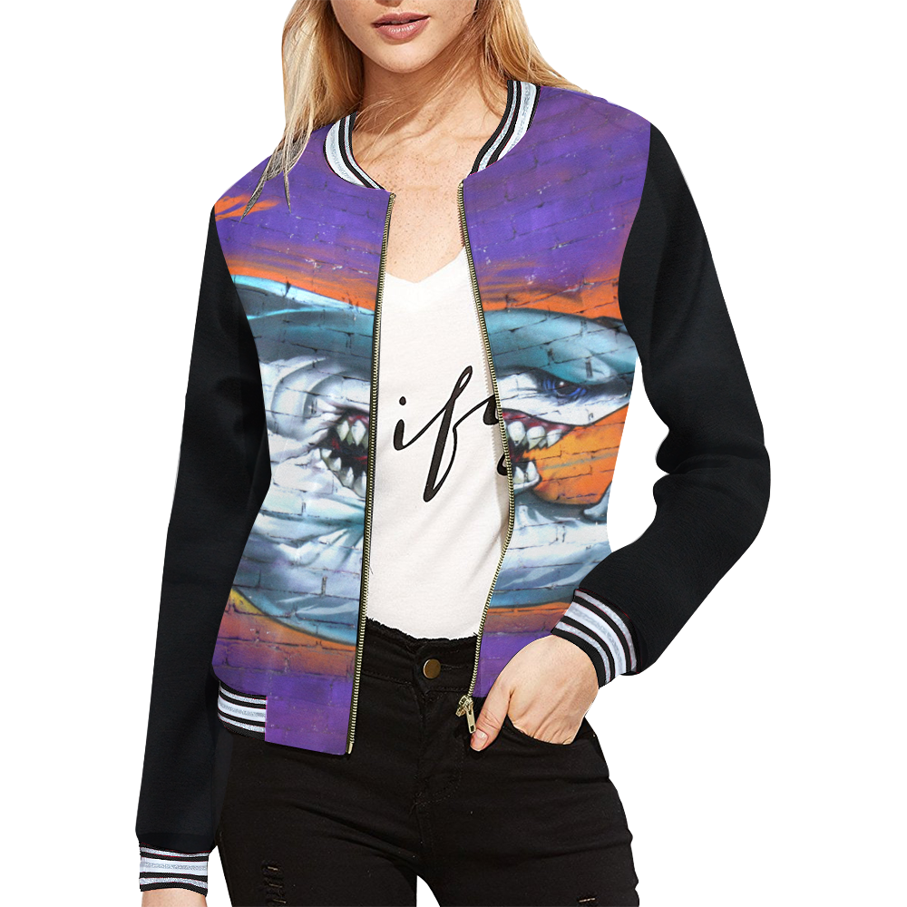 Graffiti Shark (Vest Style) All Over Print Bomber Jacket for Women (Model H21)