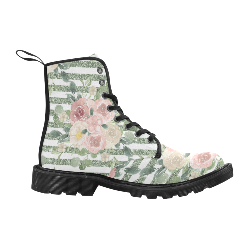 Green Pink Floral Boots, Glitter Martin Boots for Women (Black) (Model 1203H)