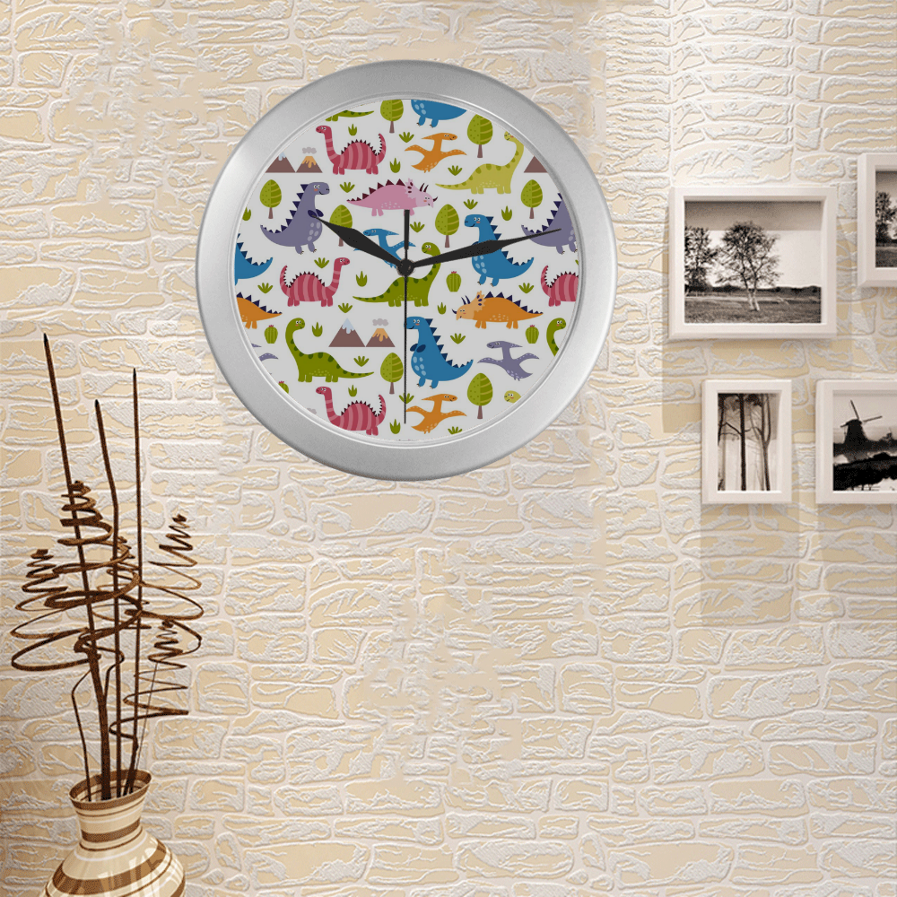 Dinosaur Pattern Silver Color Wall Clock