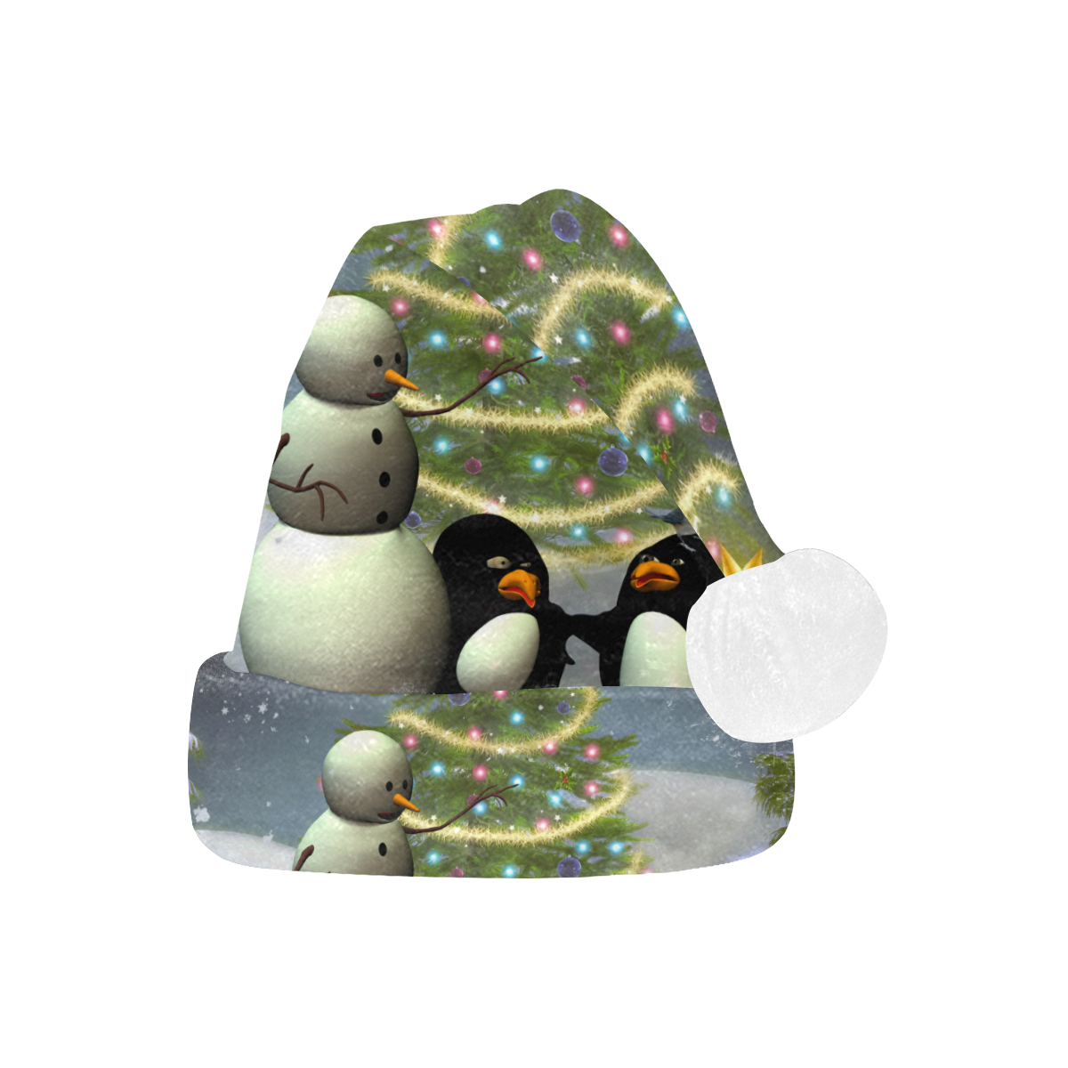 Snowman with penguin and christmas tree Santa Hat