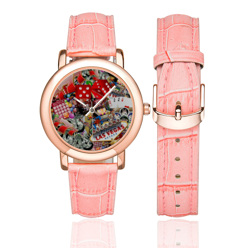 Las Vegas Icons - Gamblers Delight Women's Rose Gold Leather Strap Watch(Model 201)