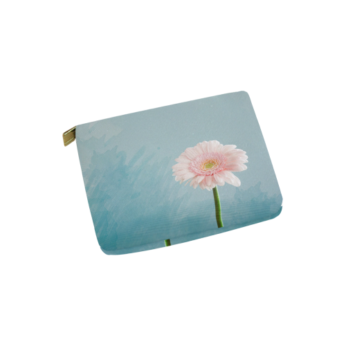 Gerbera Daisy - Pink Flower on Watercolor Blue Carry-All Pouch 6''x5''
