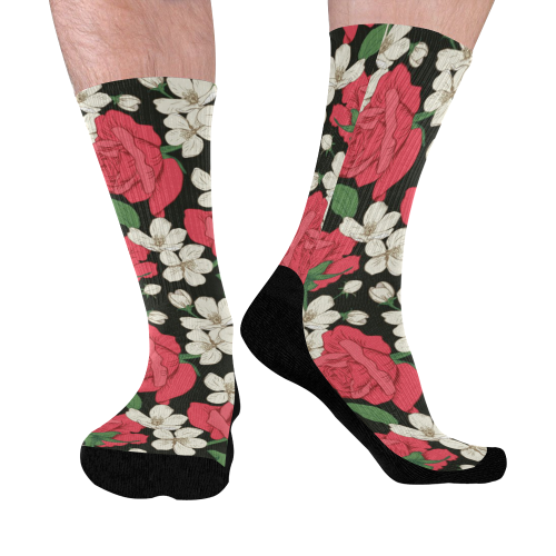 Pink, White and Black Floral Mid-Calf Socks (Black Sole)