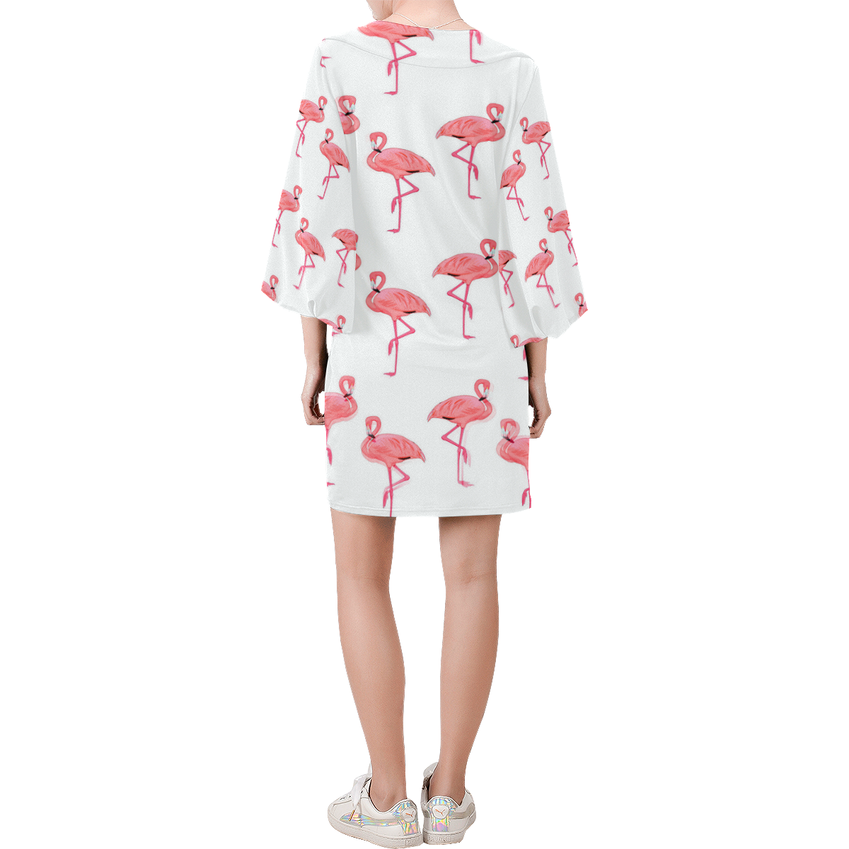 Pink Flamingo Pattern Bell Sleeve Dress (Model D52)