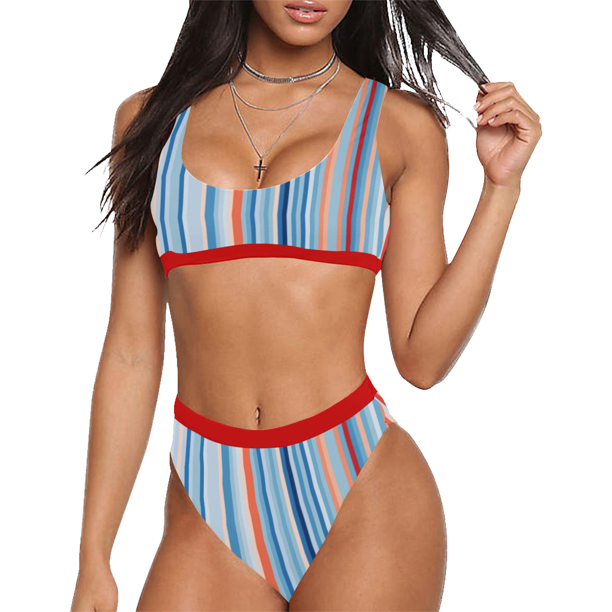 Blue and coral stripe 1 Sport Top & High-Waisted Bikini Swimsuit (Model S07)