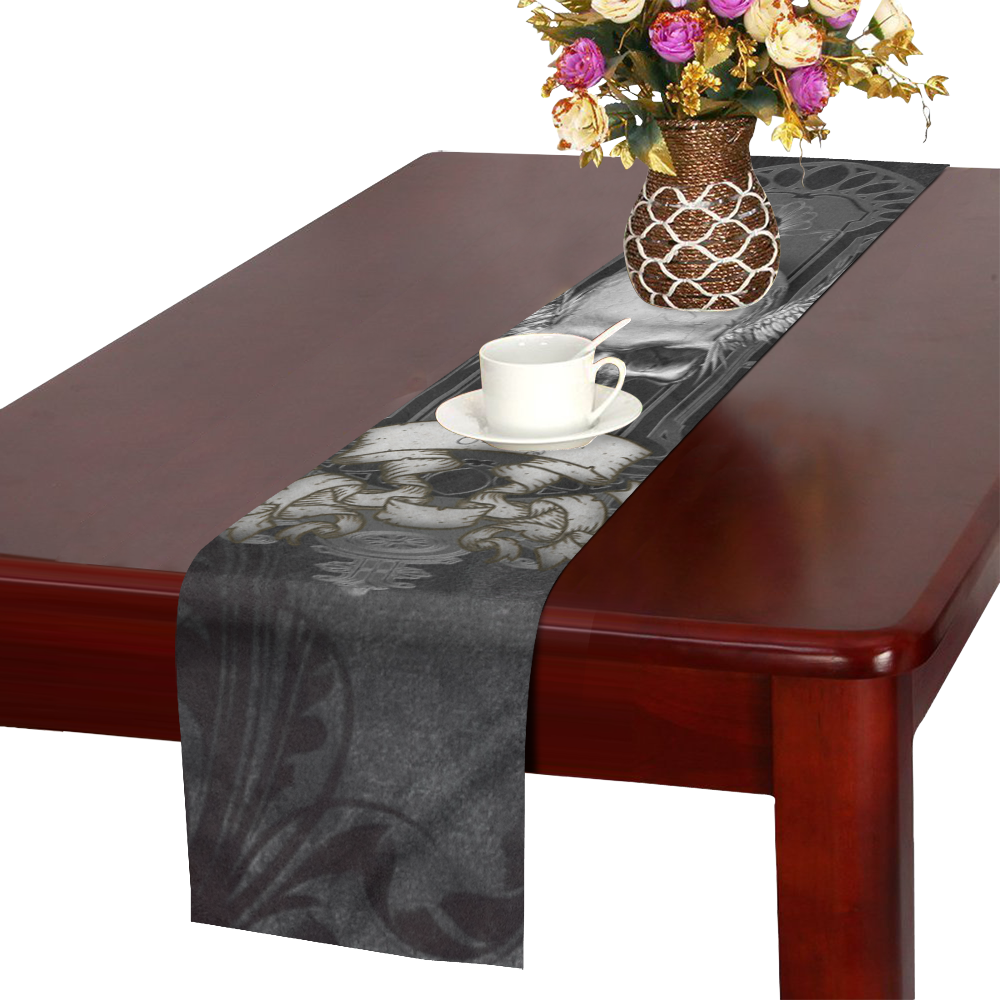 Skull with crow in black and white Table Runner 14x72 inch