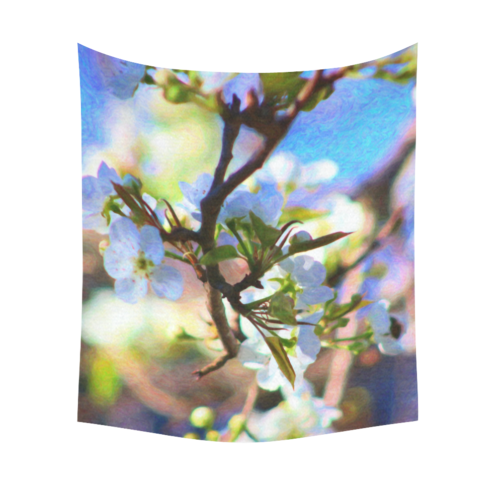 Pear Tree Blossoms Cotton Linen Wall Tapestry 51"x 60"